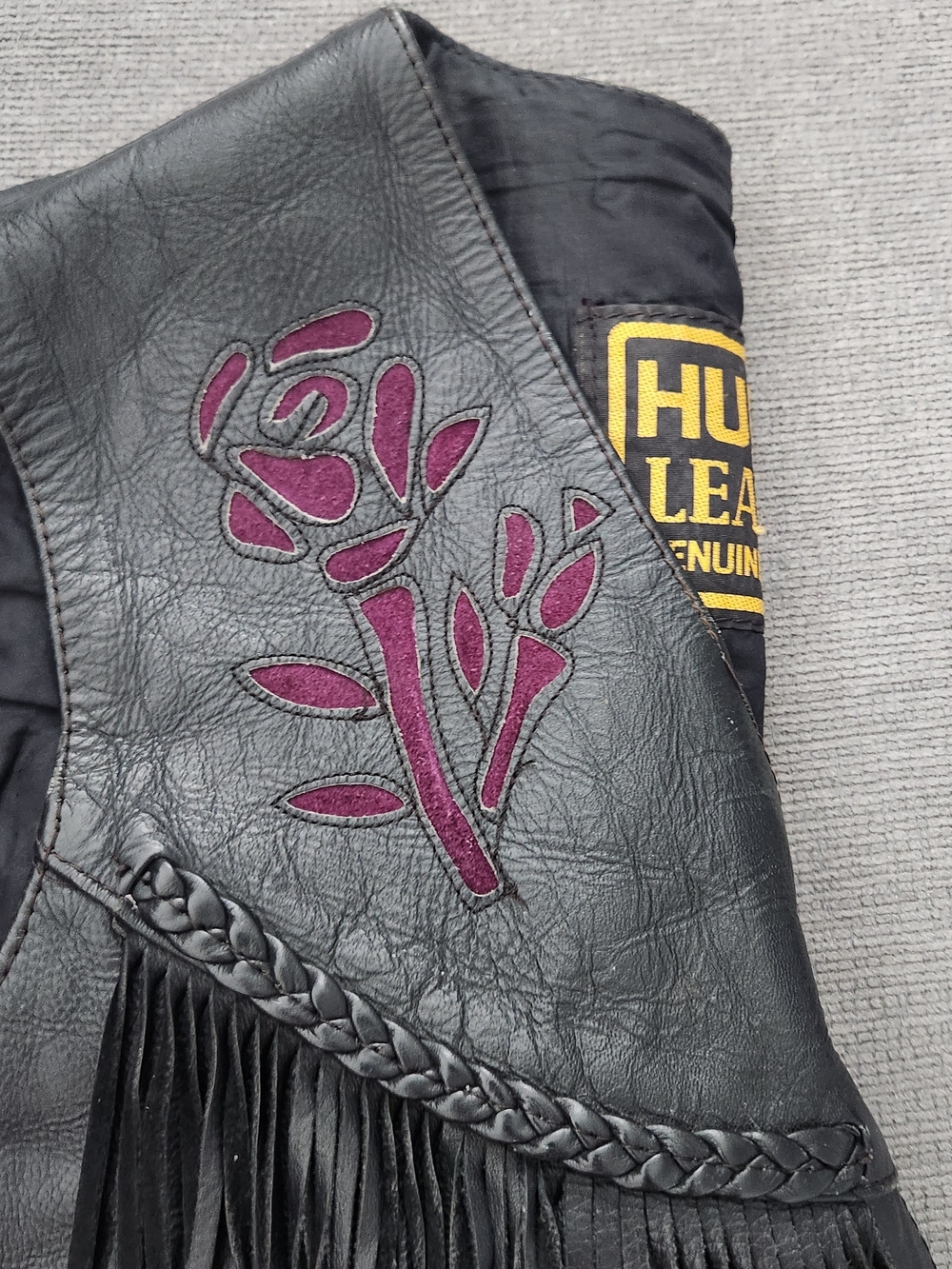 Hudson Leather Black Fringe Vest with Burgundy Floral Inlay - Picture 2 of 6